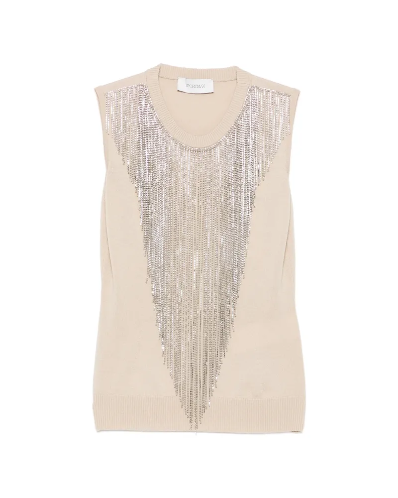 SPORTMAX Fringed Crystal-embellished Top Neutrals