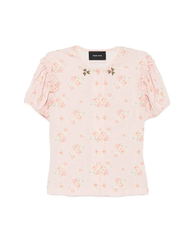 Simone Rocha Floral-print Ruffled-sleeve T-shirt Pink