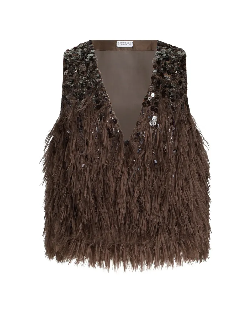 Brunello Cucinelli Sequin Fringed Vest Brown