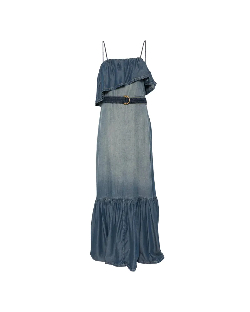 Pinko Ruffled Belted Denim Maxi Dress Blue