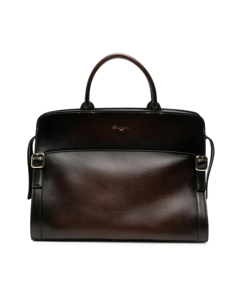 Santoni Burnished Leather Tote Bag Brown