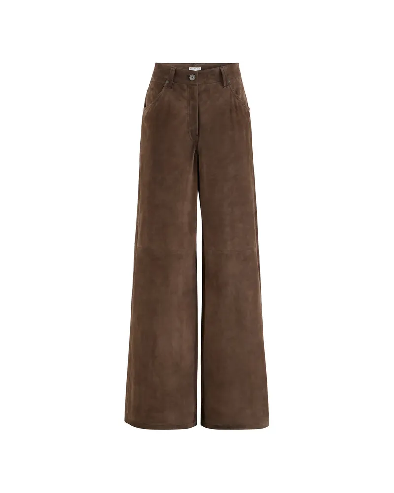 Brunello Cucinelli Suede Baggy Trousers With Monili Brown
