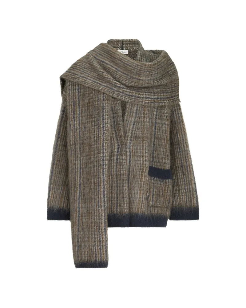 Brunello Cucinelli Mohair And Wool Prince Of Wales Double-knit Outerwear Jacket With Scarf Brown