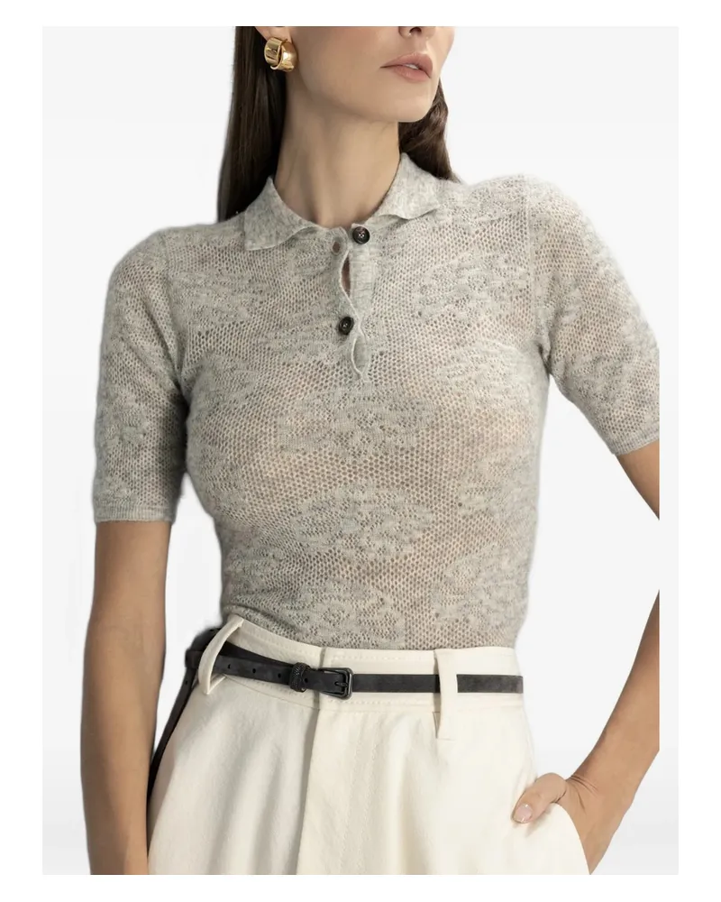 Brunello Cucinelli Silk, Alpaca And Wool Flower-lace Knit Polo Neutrals