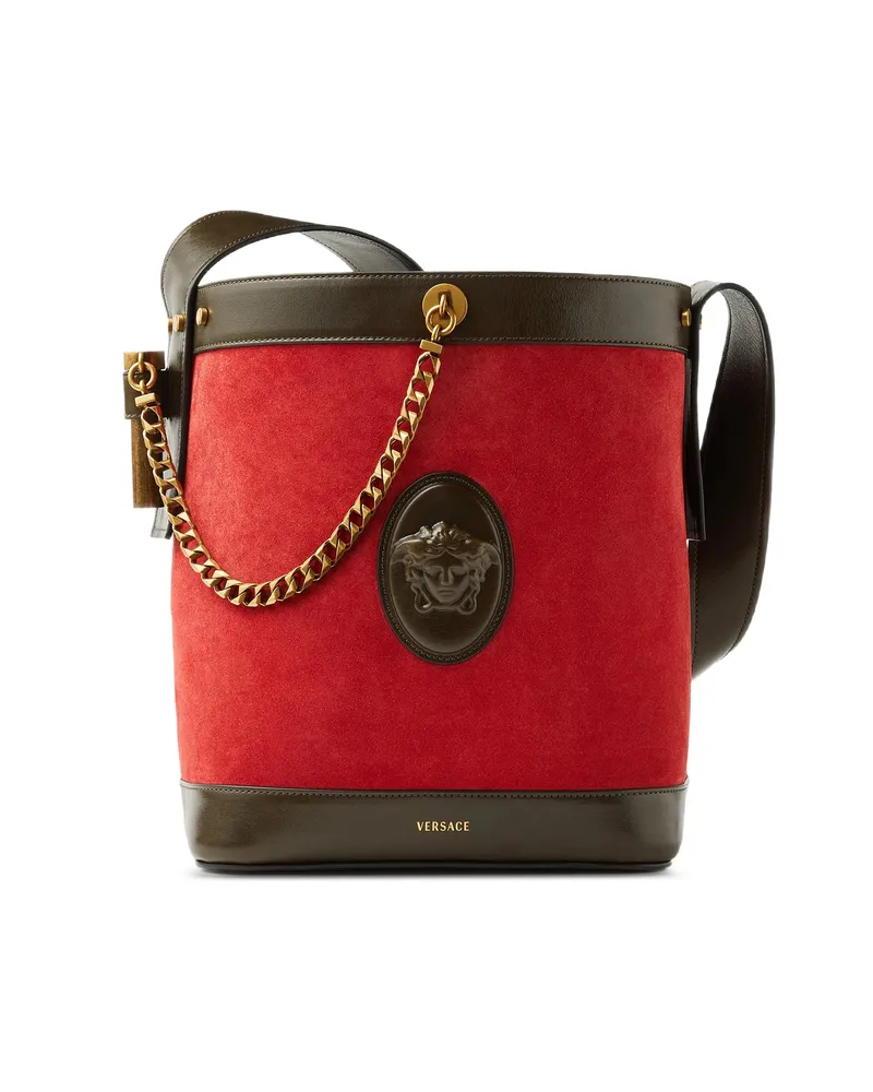 Versace Pivot Small Suede Bucket Bag Red