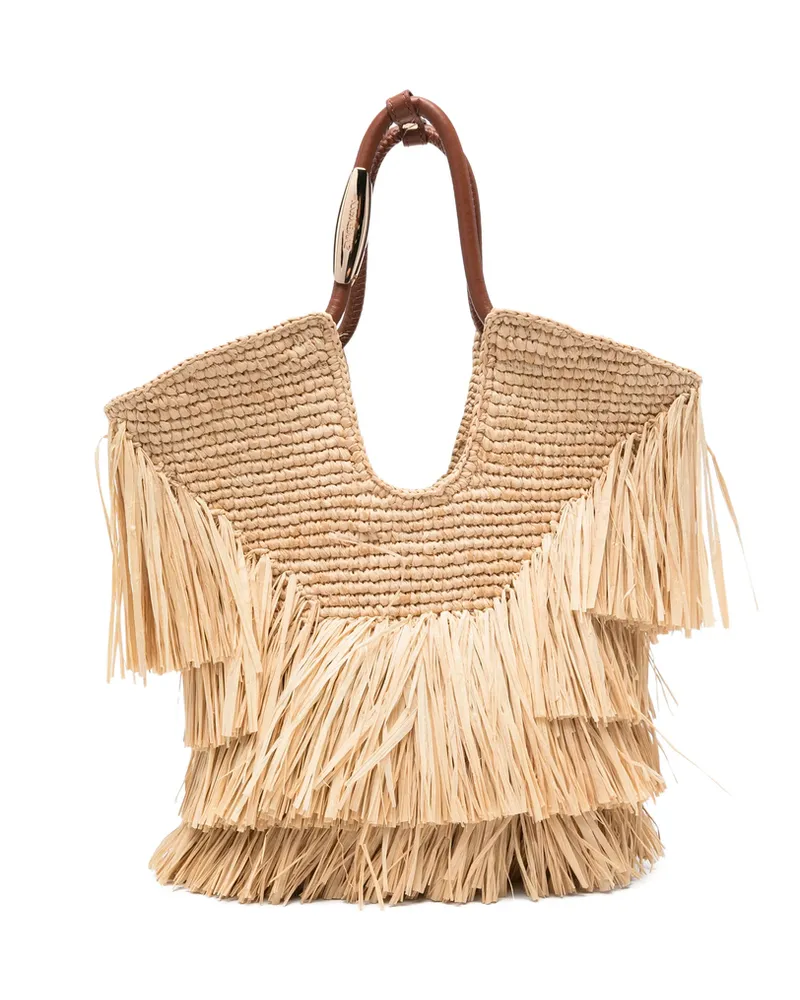 Zimmermann Small Goldentime Fringe Tote Bag Neutrals
