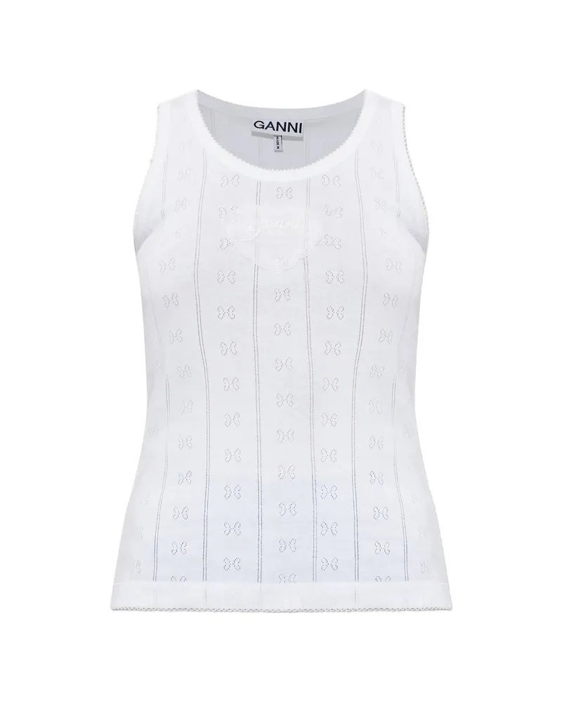 Ganni Logo-patch Pointelle-knit Top White