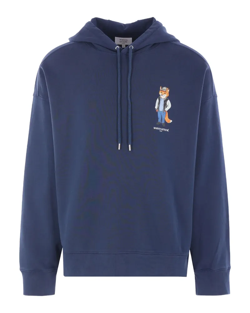 Kitsuné Fox-print Cotton Hoodie Blue