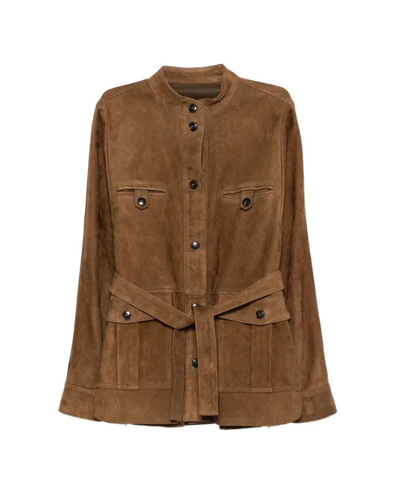 Yves Salomon Belted Leather Jacket Brown