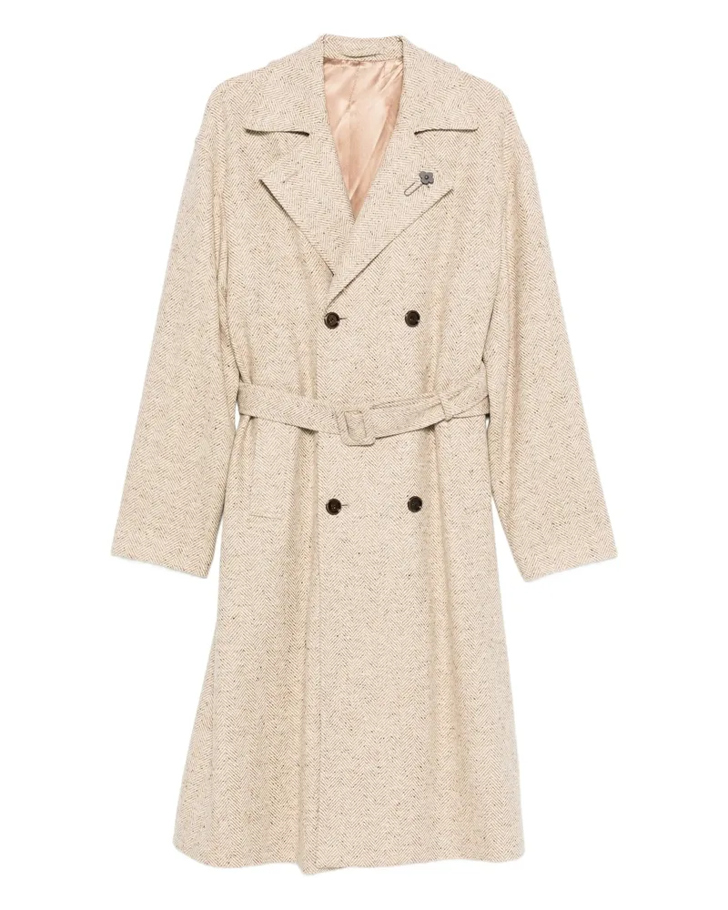 LARDINI Herringbone Belted Coat Neutrals
