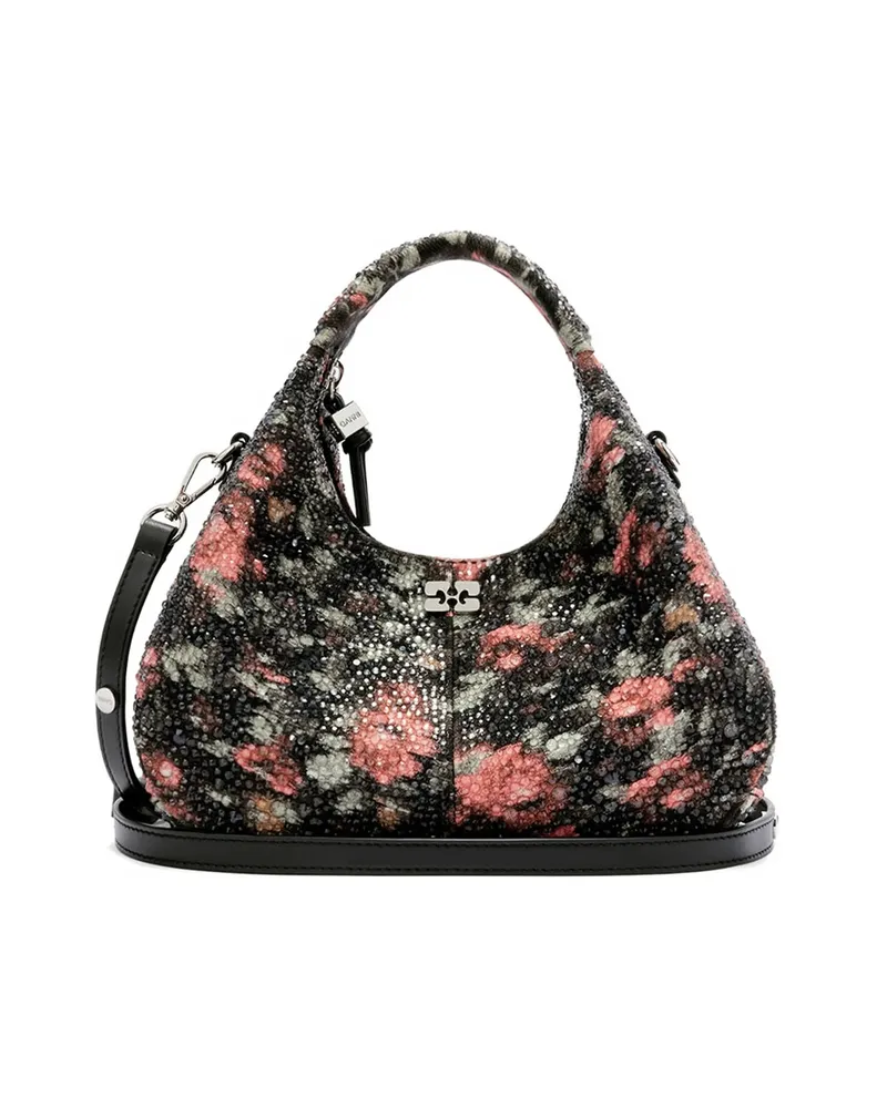 Ganni Mini Beaded Floral-print Tote Bag Black
