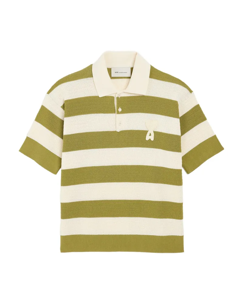 AMI Paris Striped Appliqué Polo Shirt Green