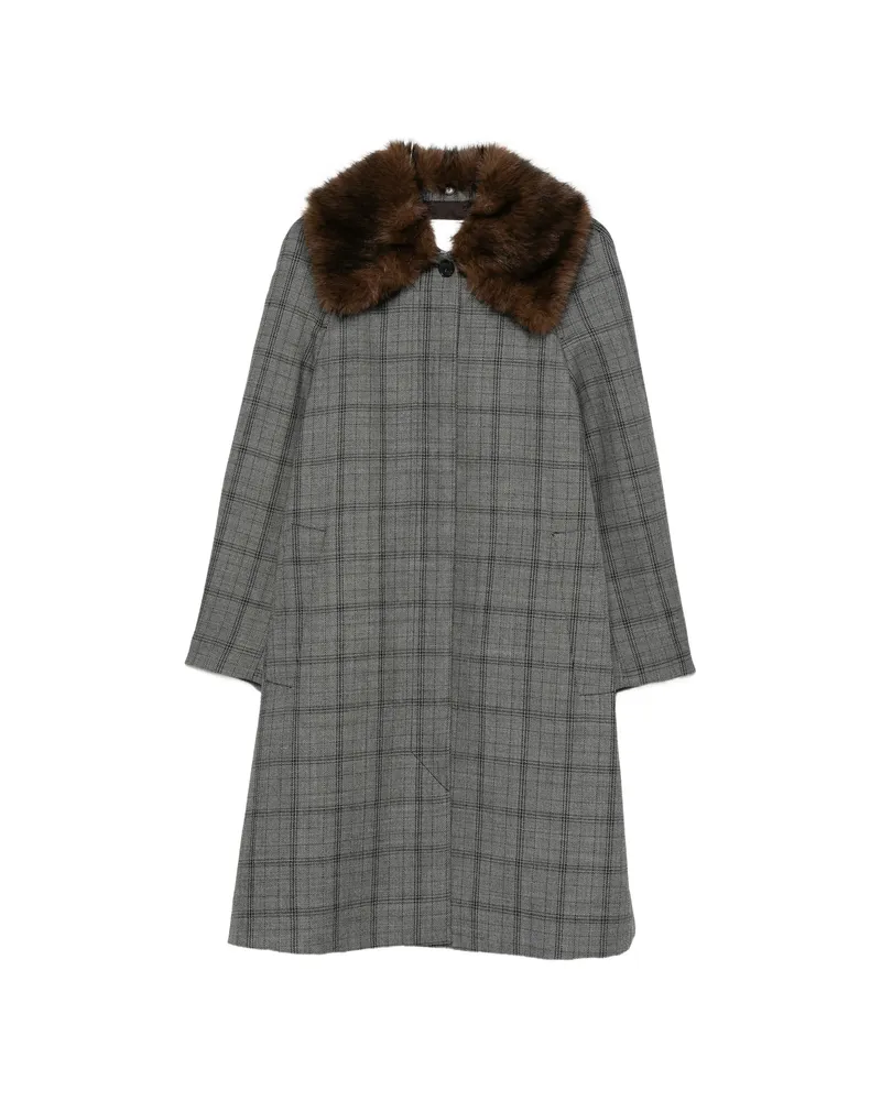 TELA Check Faux-fur Collar Coat Grey