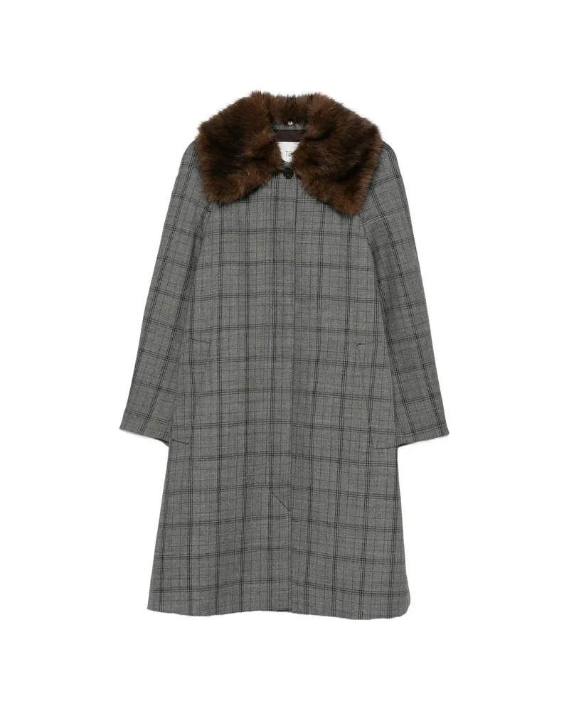 TELA Check Faux-fur Collar Coat Grey