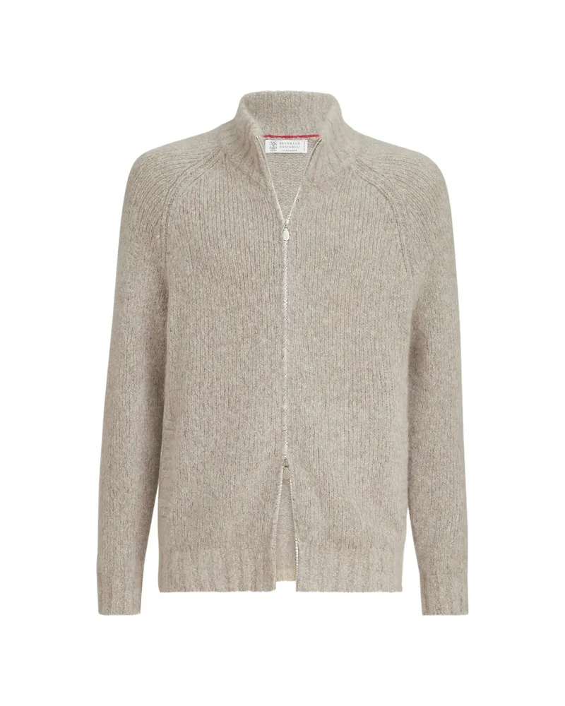 Brunello Cucinelli Cashmere And Silk High-neck Cardigan With Zipper Neutrals