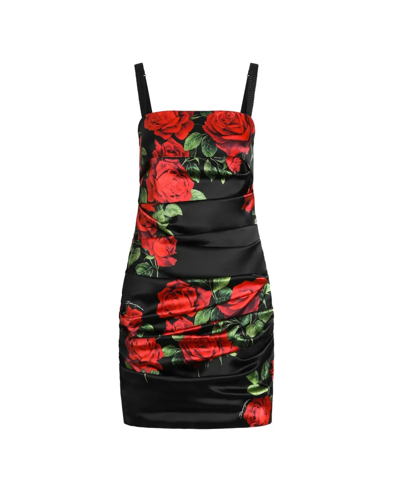 Dolce & Gabbana Rose-print Satin Mini Dress Black