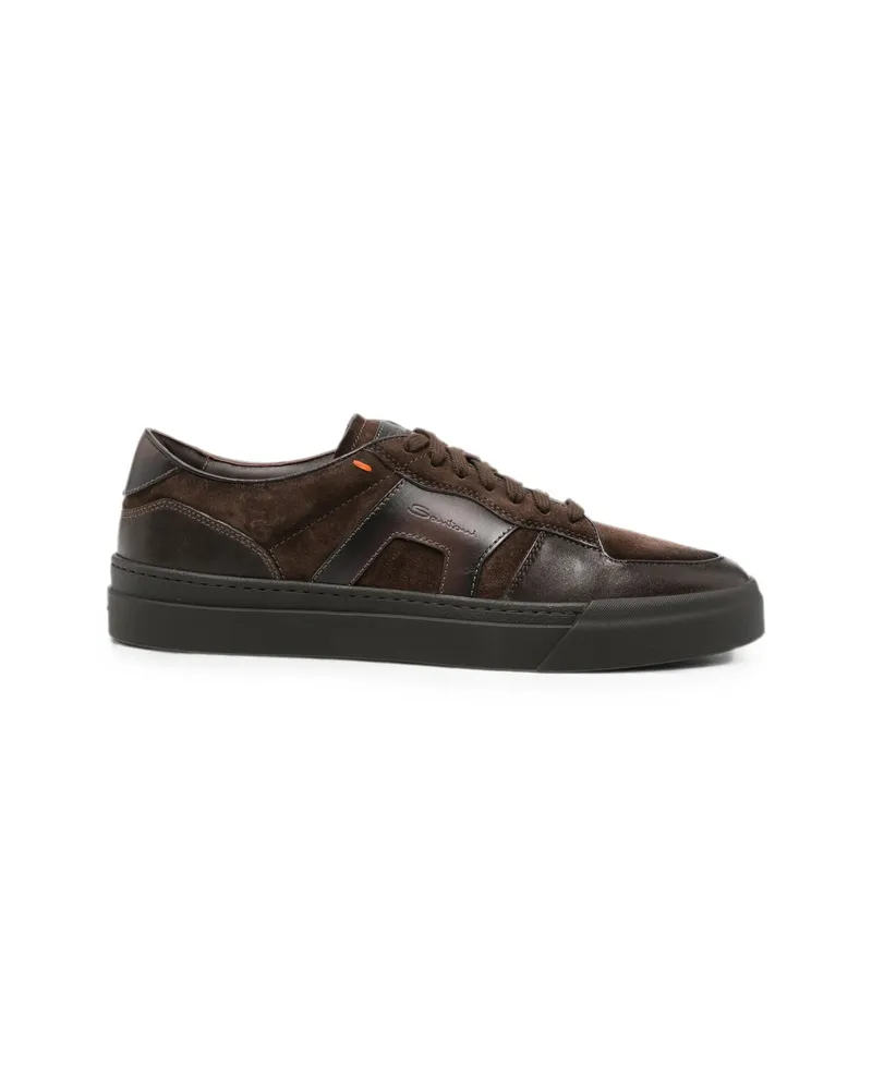 Santoni Suede-panelled Leather Sneakers Brown