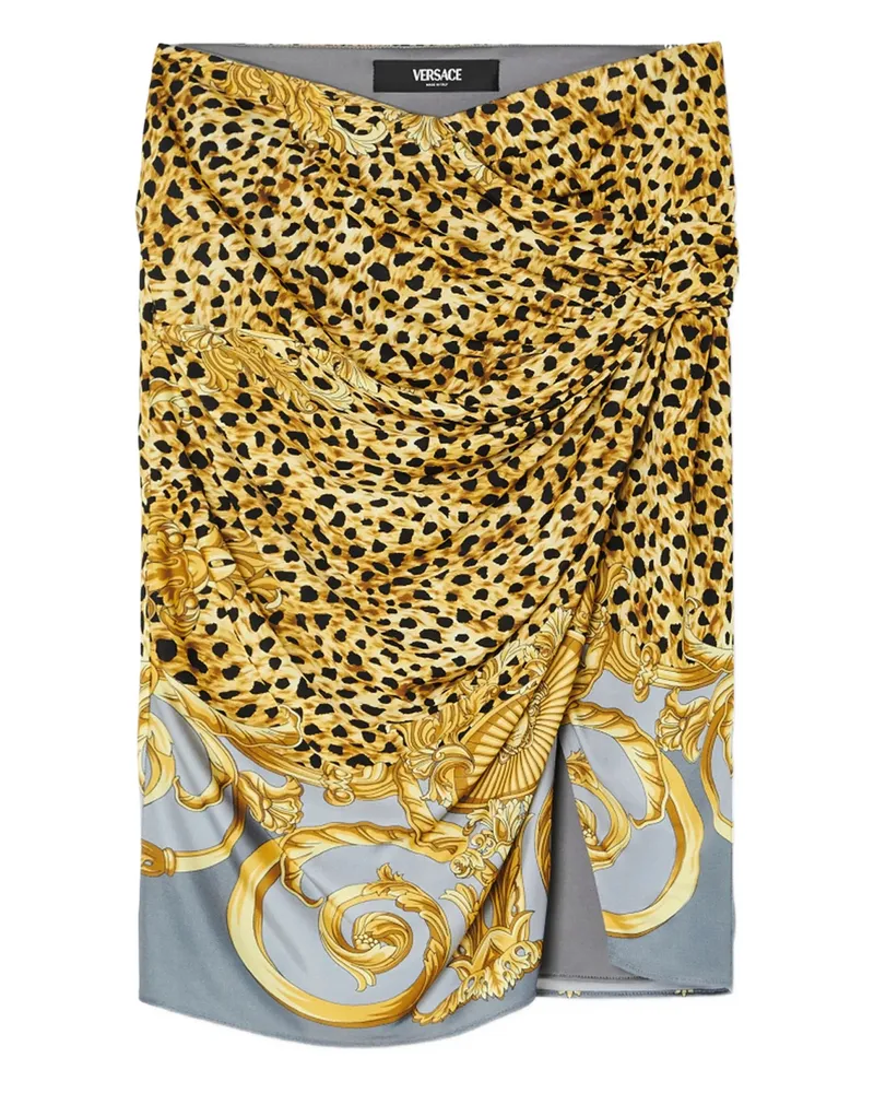 Versace Cheetah Foulard Draped Midi Skirt Yellow