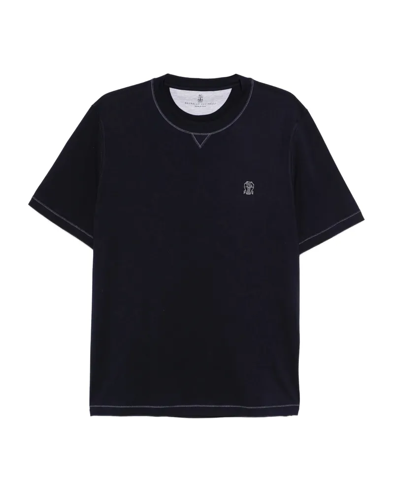 Brunello Cucinelli Embroidered Crew-neck T-shirt Blue