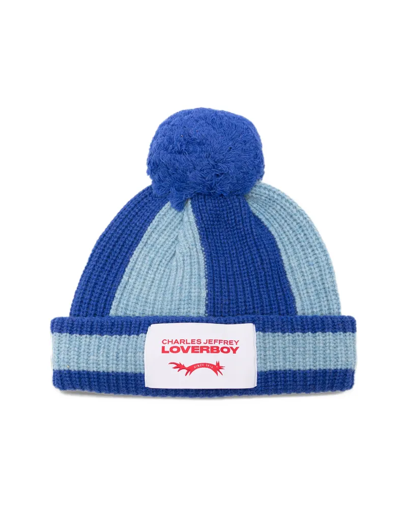 Charles Jeffrey Loverboy Striped Pompom Beanie Hat Blue