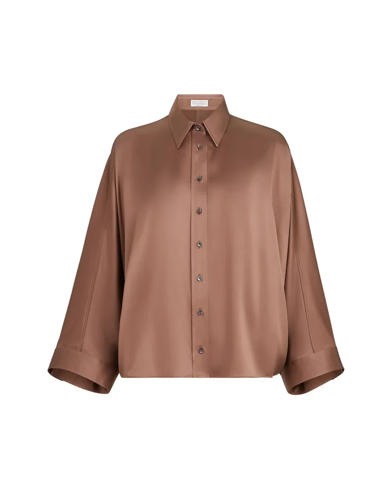 Brunello Cucinelli Stretch Silk Satin Shirt Brown