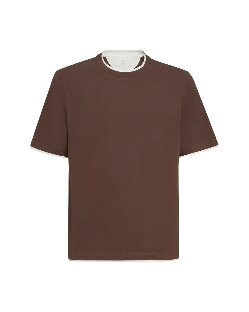 Brunello Cucinelli Cotton Jersey Crew Neck T-shirt With Faux-layering Brown