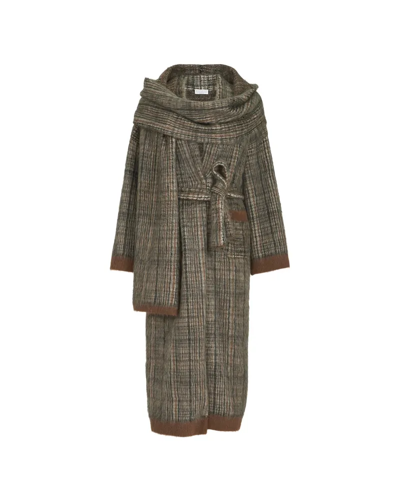 Brunello Cucinelli Mohair And Wool Prince-of-Wales Double-knit Coat With Scarf Neutrals