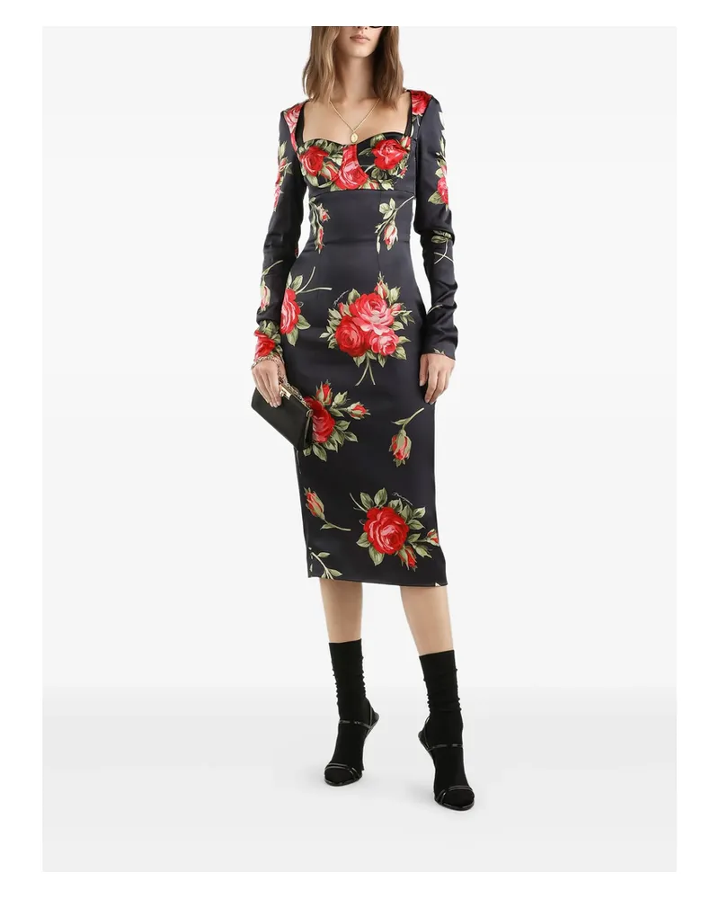 Dolce & Gabbana Floral-print Long-sleeve Midi Dress Black