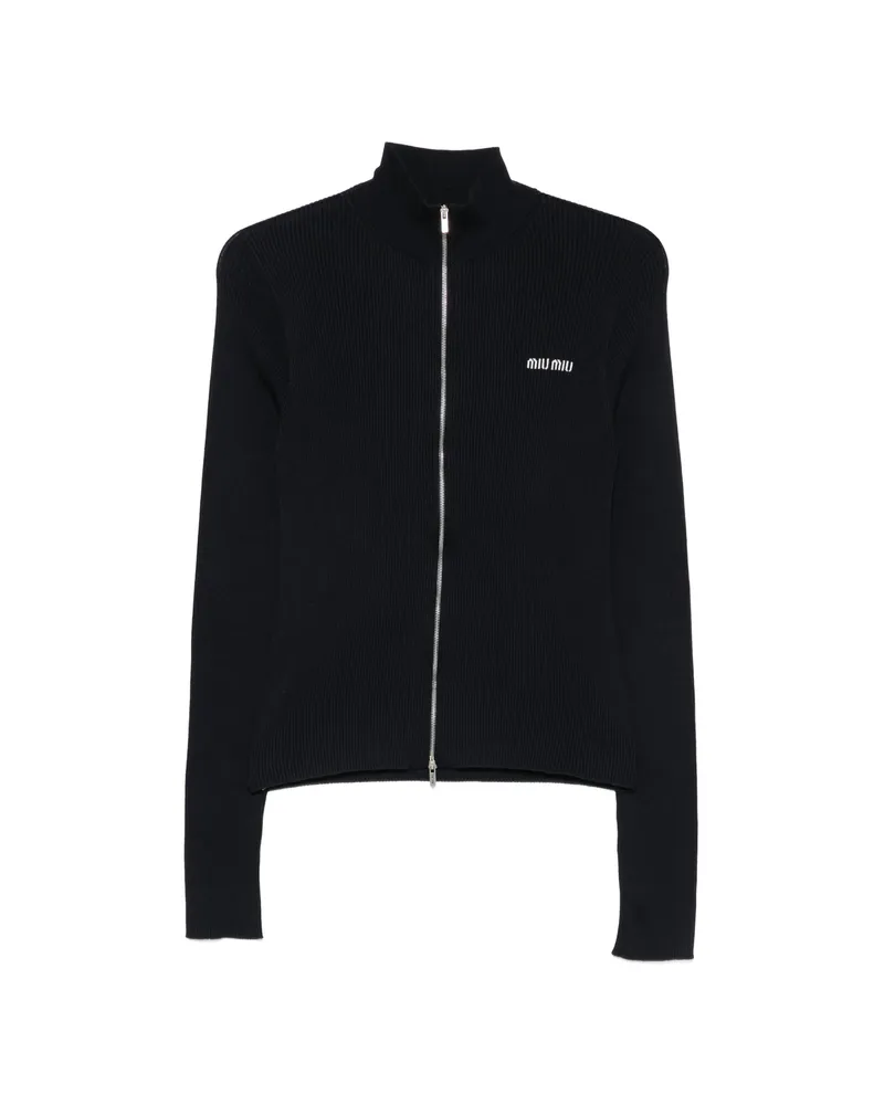 Miu Miu Ribbed-knit Logo-embroidered Cardigan Blue