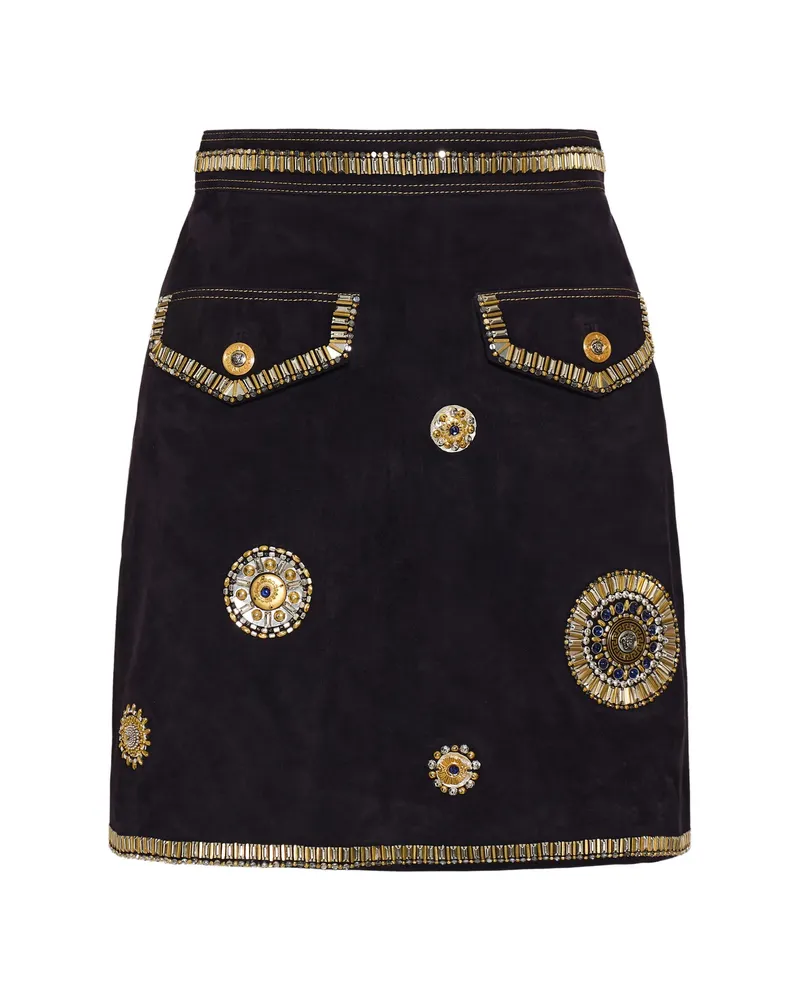 Versace Embroidered Suede Mini Skirt Black