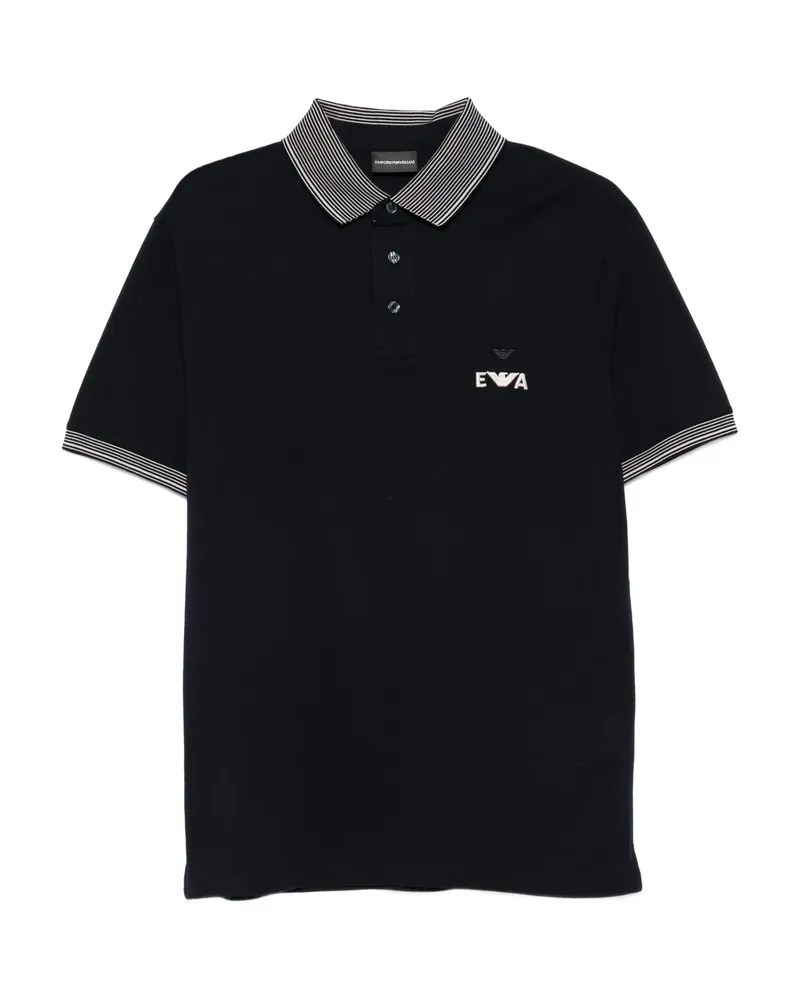 Emporio Armani Eagle-logo Striped-collar Polo Shirt Blue