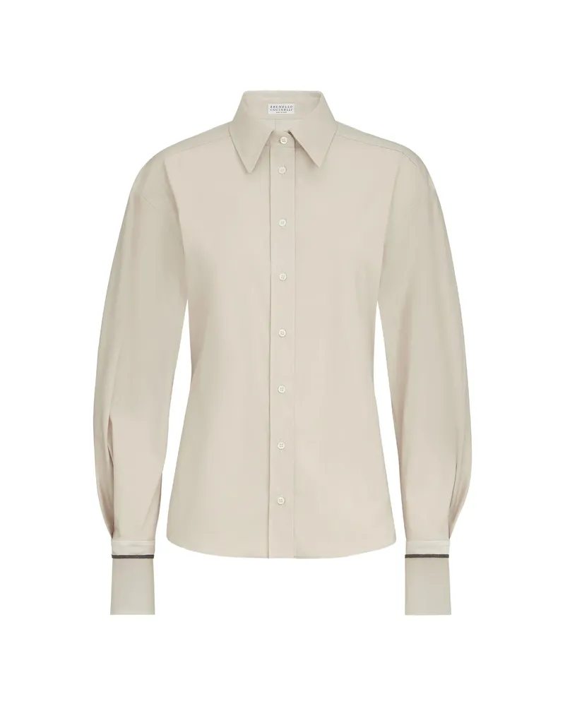 Brunello Cucinelli Stretch Cotton Poplin Shirt With Shiny Silk Cuffs Neutrals