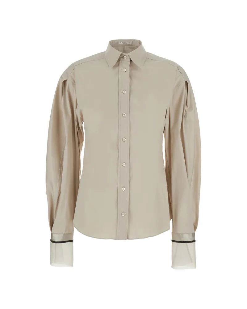 Brunello Cucinelli Stretch Cotton Poplin Shirt With Shiny Silk Cuffs Neutrals
