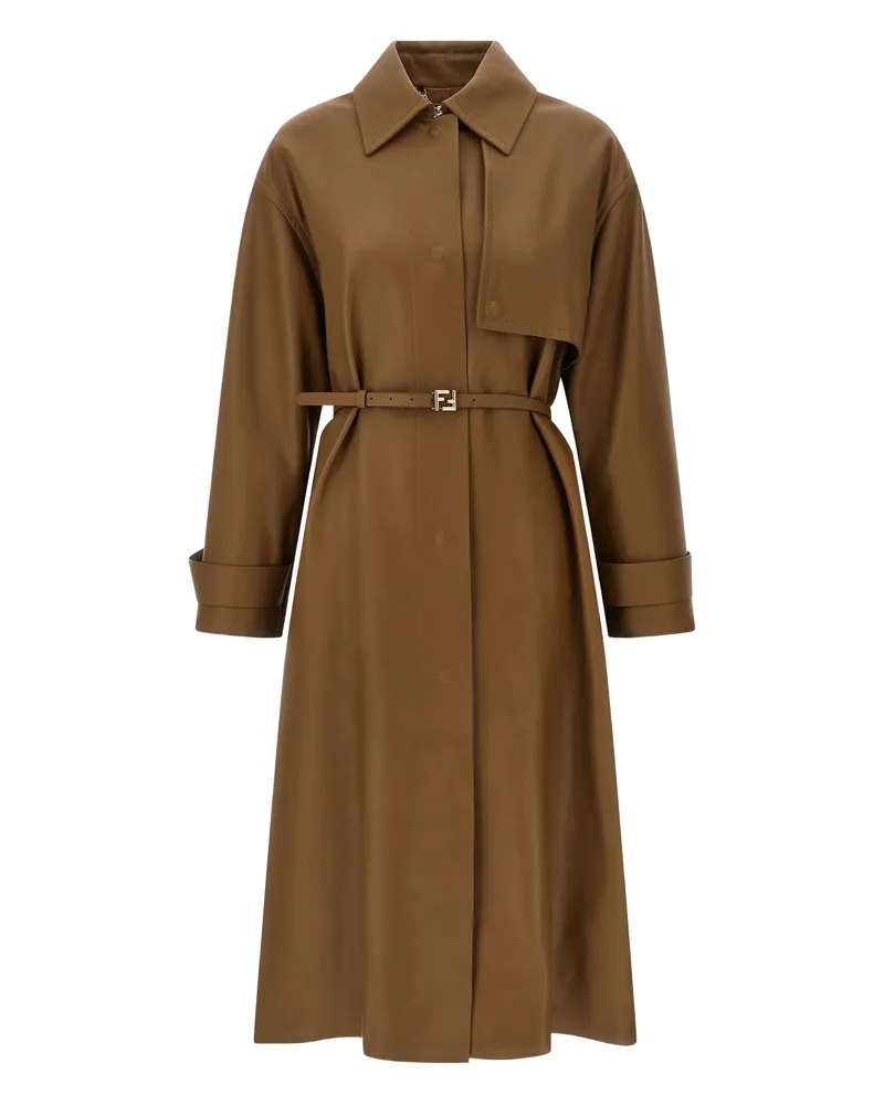 Fendi Embossed Logo Belted Trench Coat Brown