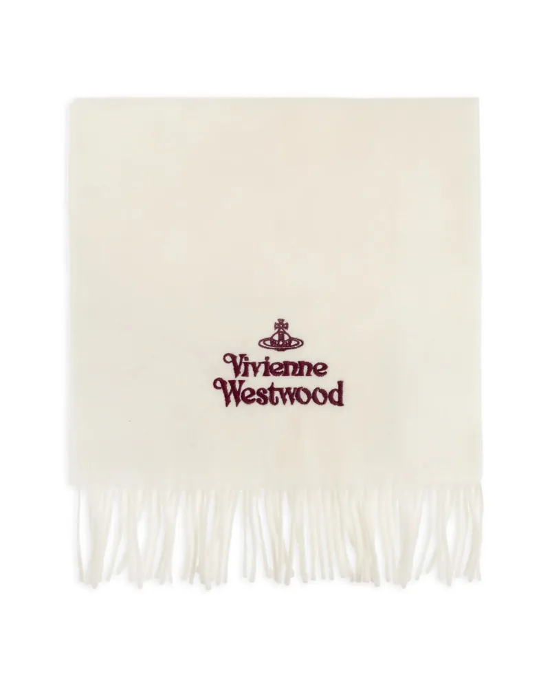 Vivienne Westwood Embroidered-logo Fringed Scarf White