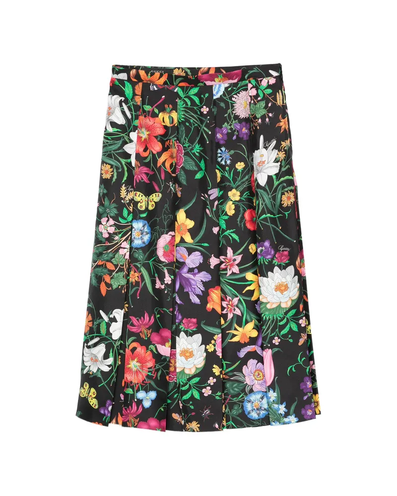 Gucci Floral Pleated Midi A-line Skirt Black