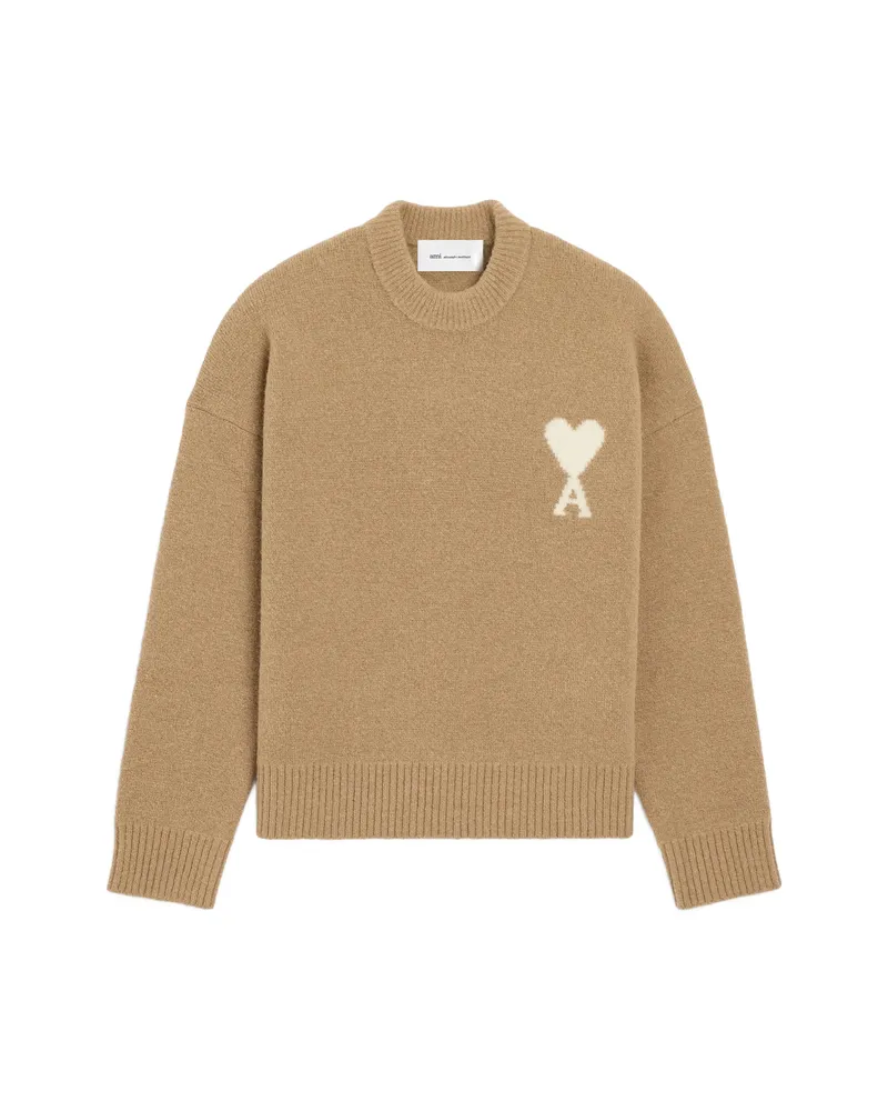 AMI Paris Crewneck Alpaca Sweater With Ami De Coeur Neutrals