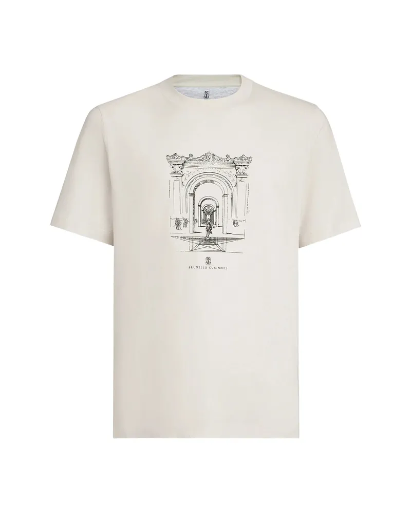 Brunello Cucinelli Cotton Jersey Crew Neck T-shirt With Print Neutrals