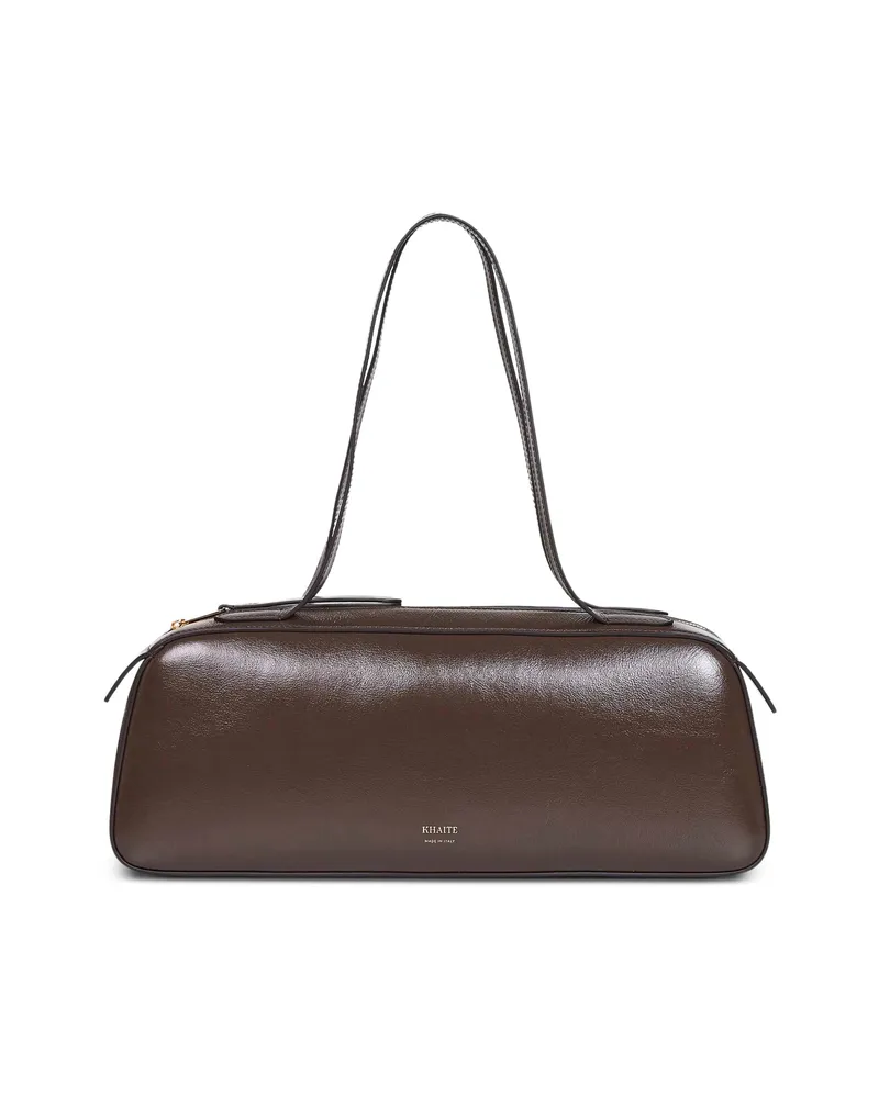 KHAITE Simona Crackle Patent Elongated Tote Bag Brown