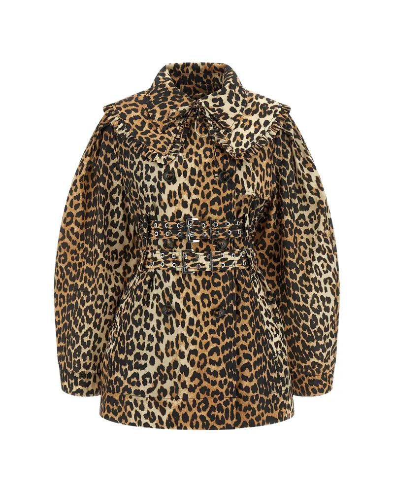 Ganni Ruffle Leopard Trench Coat Brown