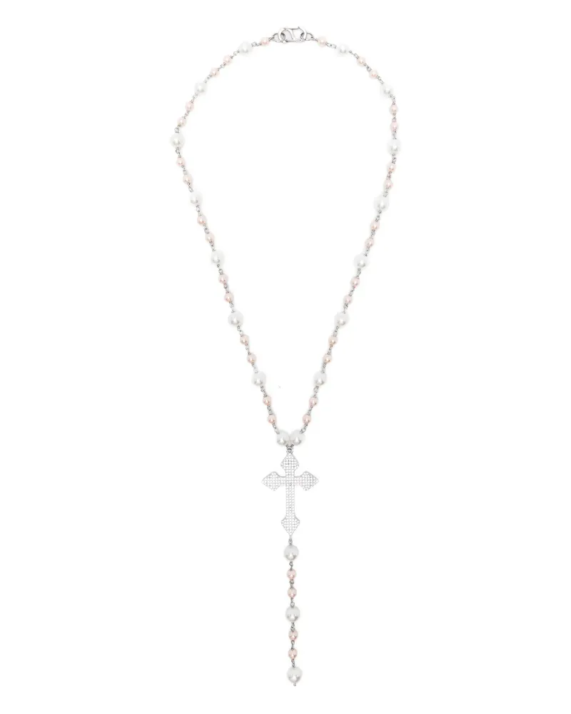 DARKAI Pearls Rosary Beaded Cross Necklace White