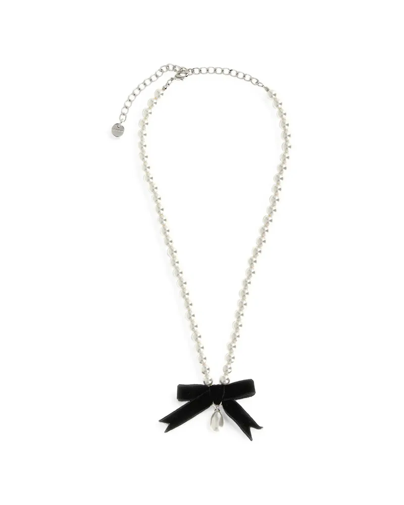 Self-Portrait Black Bow Pearl Necklace Silver