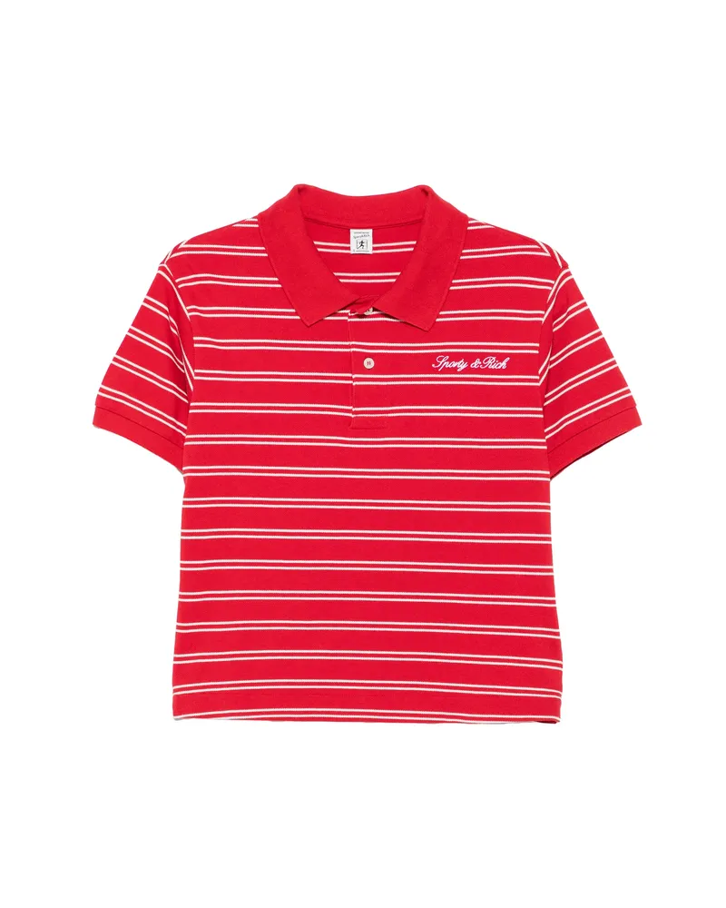 SPORTY & RICH Striped Logo-embroidered Cotton Polo Shirt Red