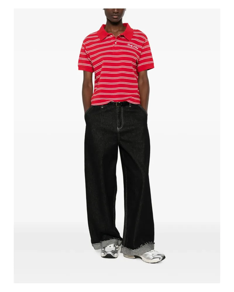 SPORTY & RICH Striped Logo-embroidered Cotton Polo Shirt Red
