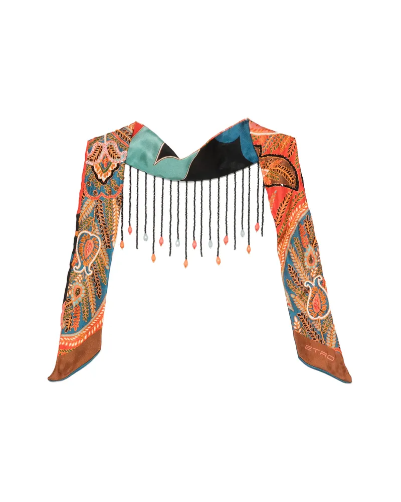 Etro Paisley-pattern Beaded-fringe Neckerchief Brown