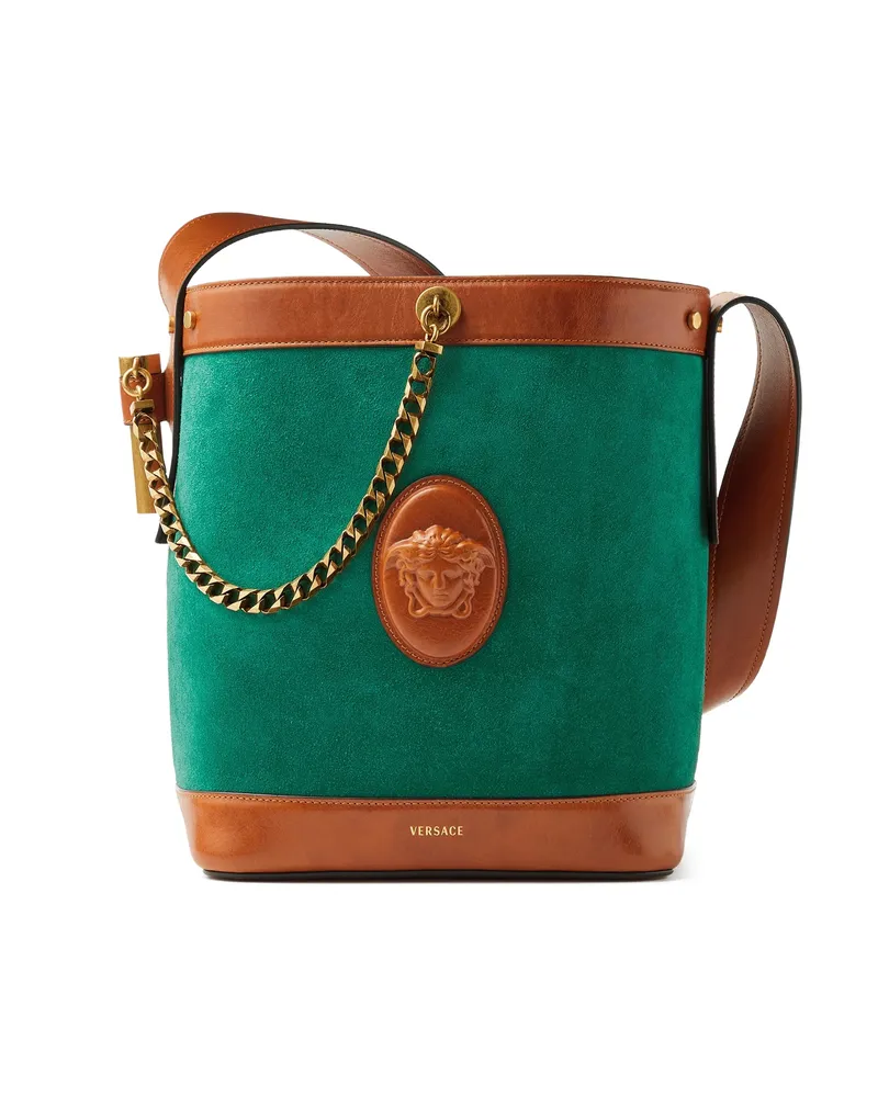 Versace Pivot Small Suede Bucket Bag Green
