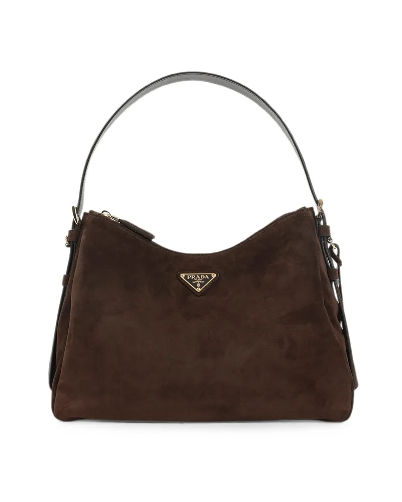 Prada Logo-plaque Suede Shoulder Bag Brown
