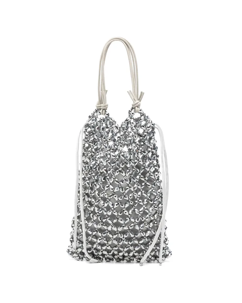 STAUD Karla Beaded-mesh Drawstring Tote Bag Silver