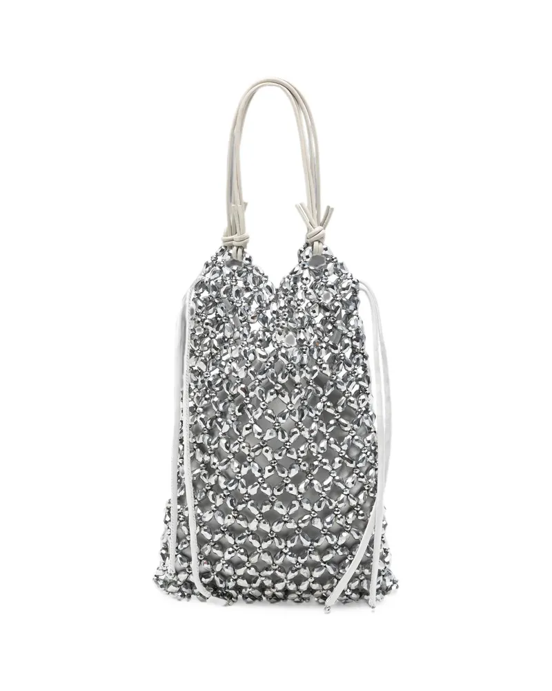 STAUD Karla Beaded-mesh Drawstring Tote Bag Silver