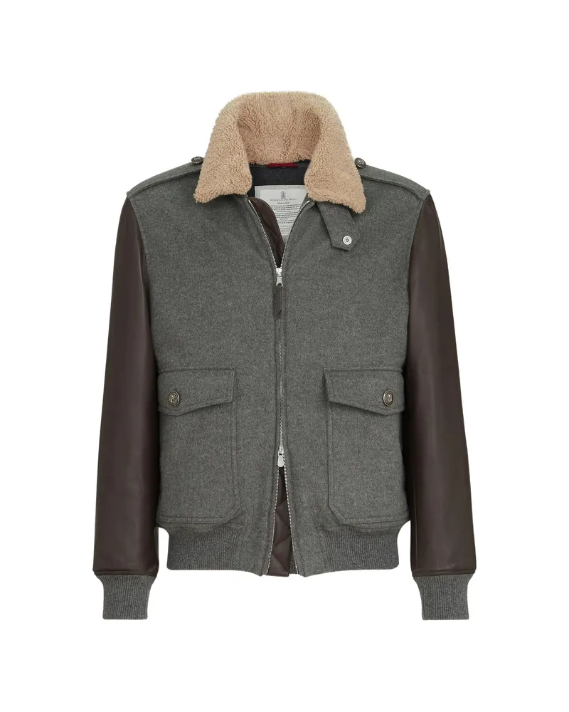 Brunello Cucinelli Bonded Cashmere Beaver Cloth And Nappa Leather Bomber Jacket With Thermore Padding And Detachable Shearling Collar Grey